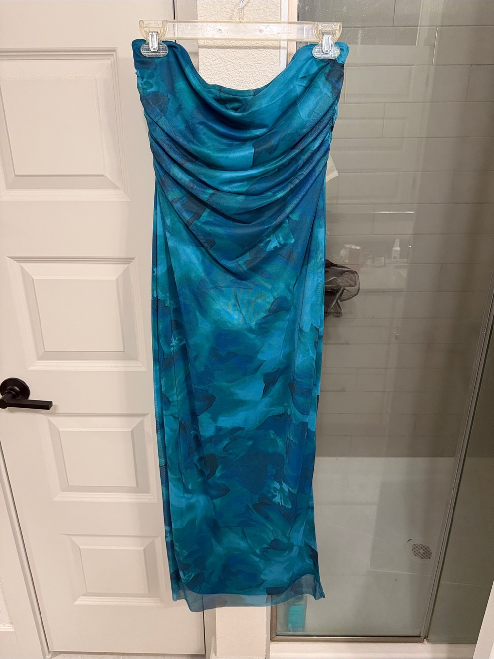 Teal Blue Strapless Cowl Neck Maxi Dress